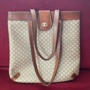 Celine Brown and Cream Patterned Tote Handbag / Purse with Brass Accent